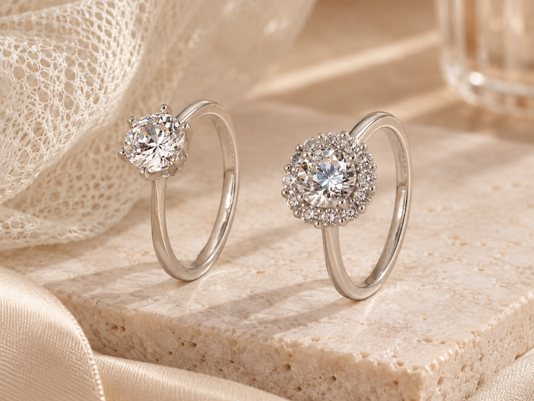 Perbandingan cincin solitaire DAVINA Cecelia dan cincin halo DAVINA Shiny