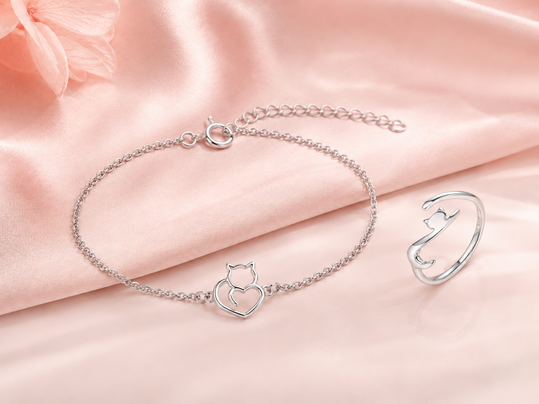 perhiasan gelang dan cincin perak sterling silver s925 berbentuk kucing dari DAVINA Jewelry