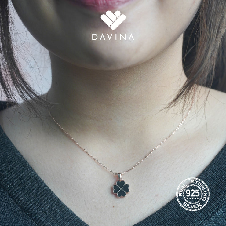 DAVINA Ladies Cloverine Black Necklace Rose Gold Plated Sterling Silver 925