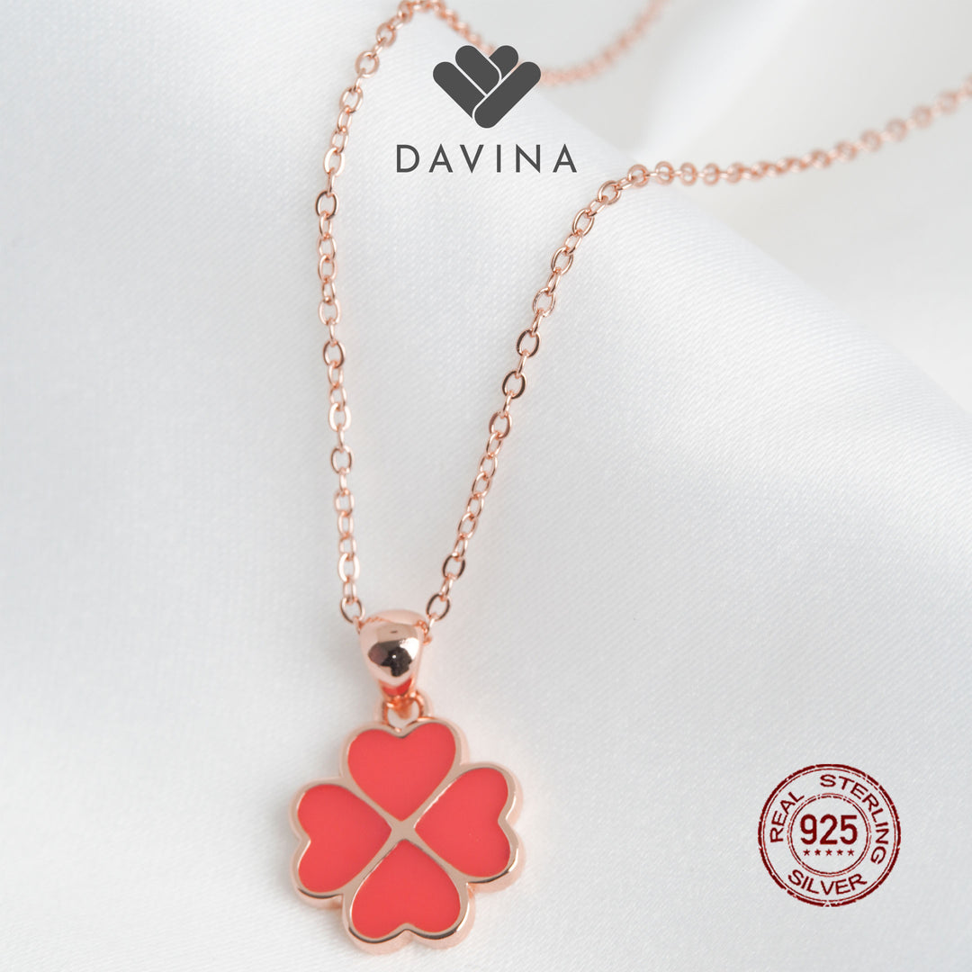 DAVINA Ladies Cloverine Black Necklace Rose Gold Plated Sterling Silver 925