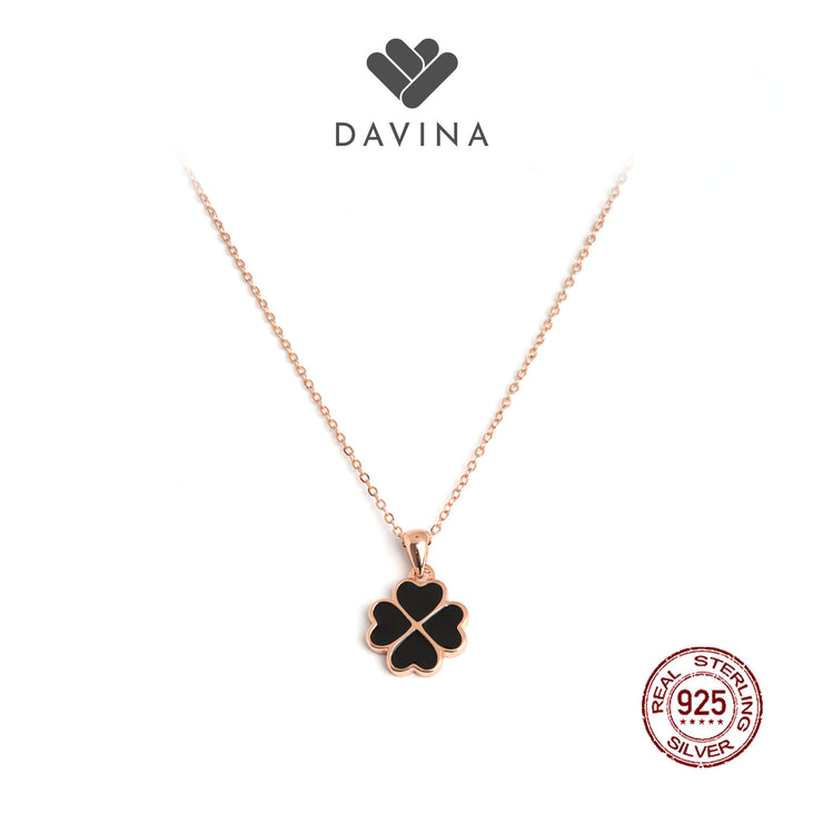 DAVINA Ladies Cloverine Black Necklace Rose Gold Plated Sterling Silver 925