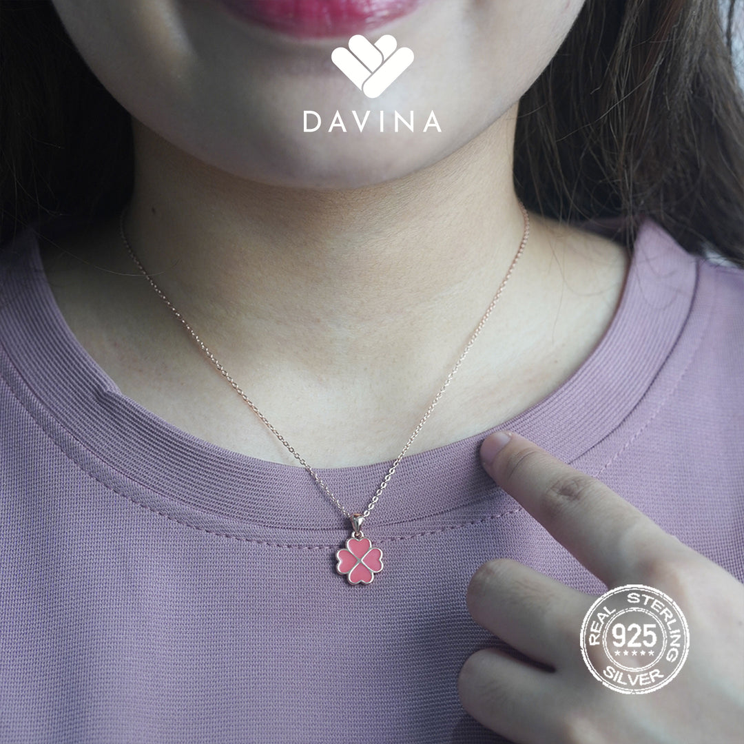 DAVINA Ladies Cloverine White Necklace Rose Gold Plated Sterling Silver 925