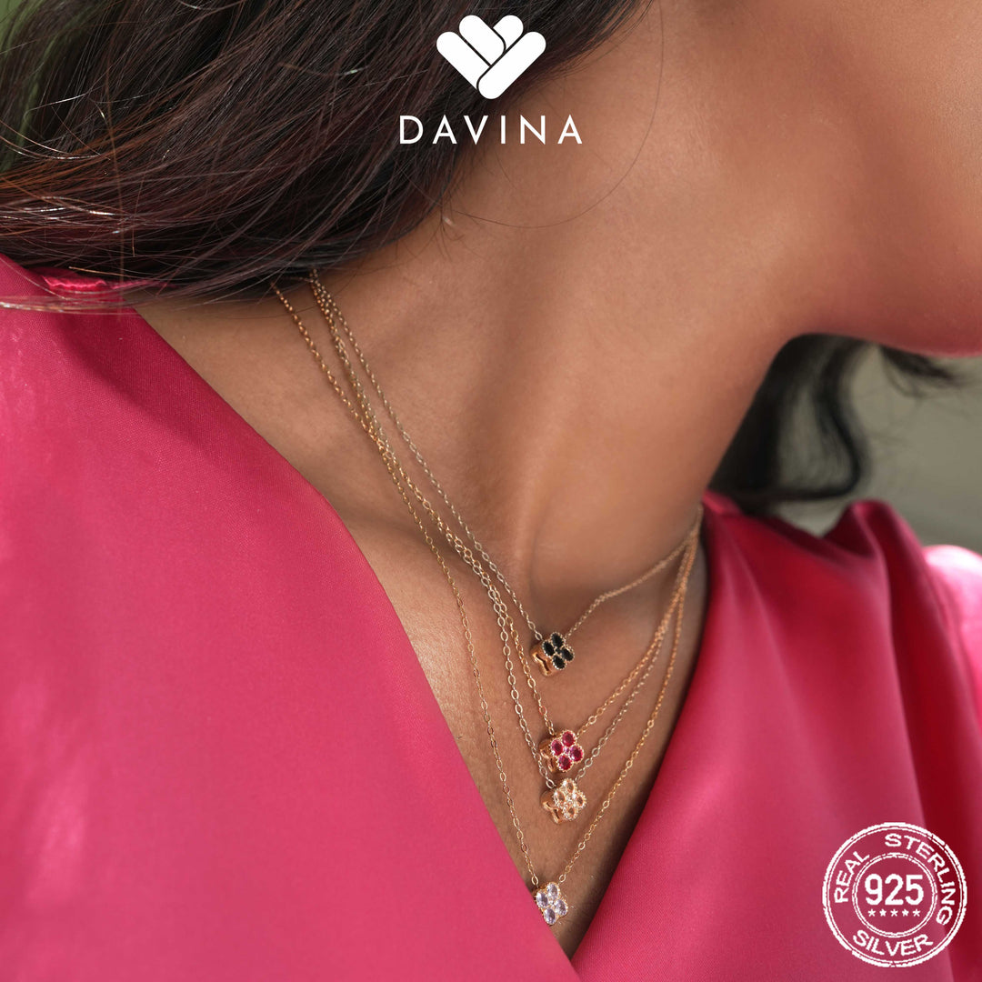 DAVINA Ladies Birthstone Necklace Gold Color Sterling Silver 925 - Kalung Clover Sapphire Color