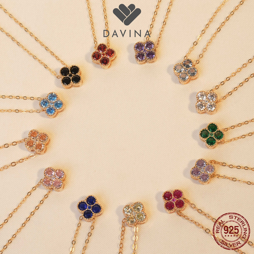 DAVINA Ladies Birthstone Necklace Gold Color Sterling Silver 925 - Kalung Clover Sapphire Color