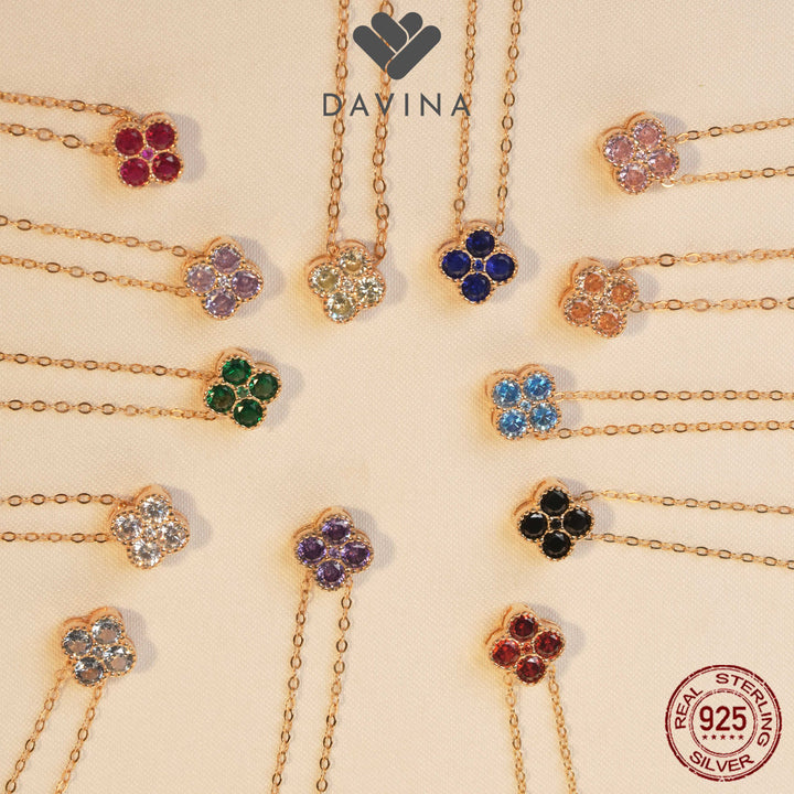 DAVINA Ladies Birthstone Necklace Gold Color Sterling Silver 925 - Kalung Clover Sapphire Color