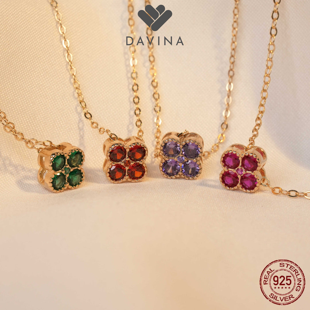 DAVINA Ladies Birthstone Necklace Gold Color Sterling Silver 925 - Kalung Clover Aquamarine Color