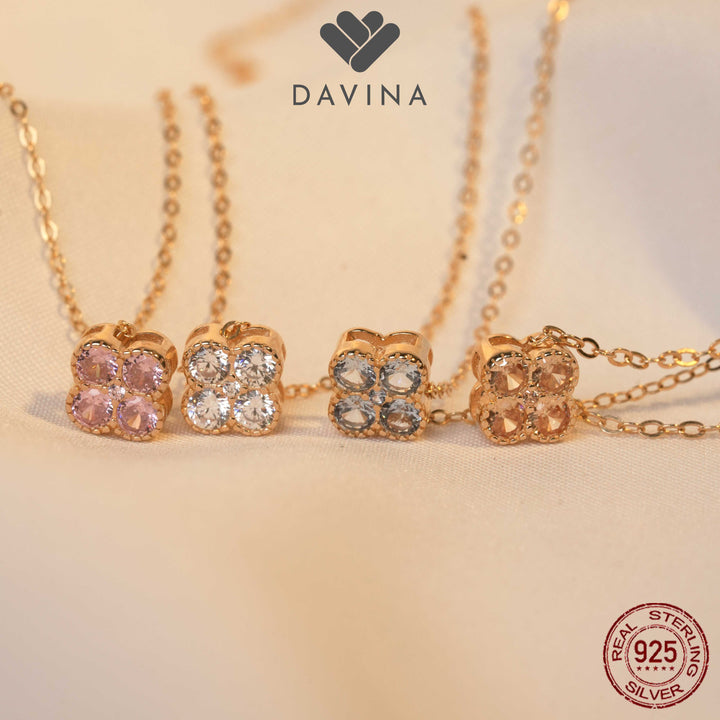 DAVINA Ladies Birthstone Necklace Gold Color Sterling Silver 925 - Kalung Clover Sapphire Color
