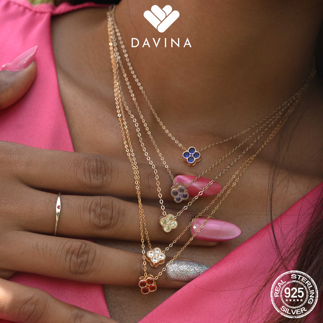 DAVINA Ladies Birthstone Necklace Gold Color Sterling Silver 925 - Kalung Clover Sapphire Color
