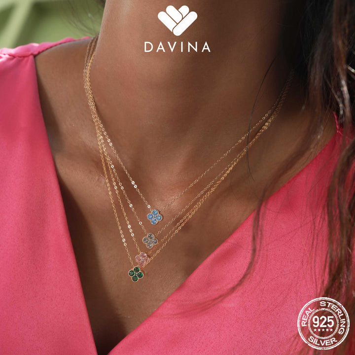 DAVINA Ladies Birthstone Necklace Gold Color Sterling Silver 925 - Kalung Clover Sapphire Color