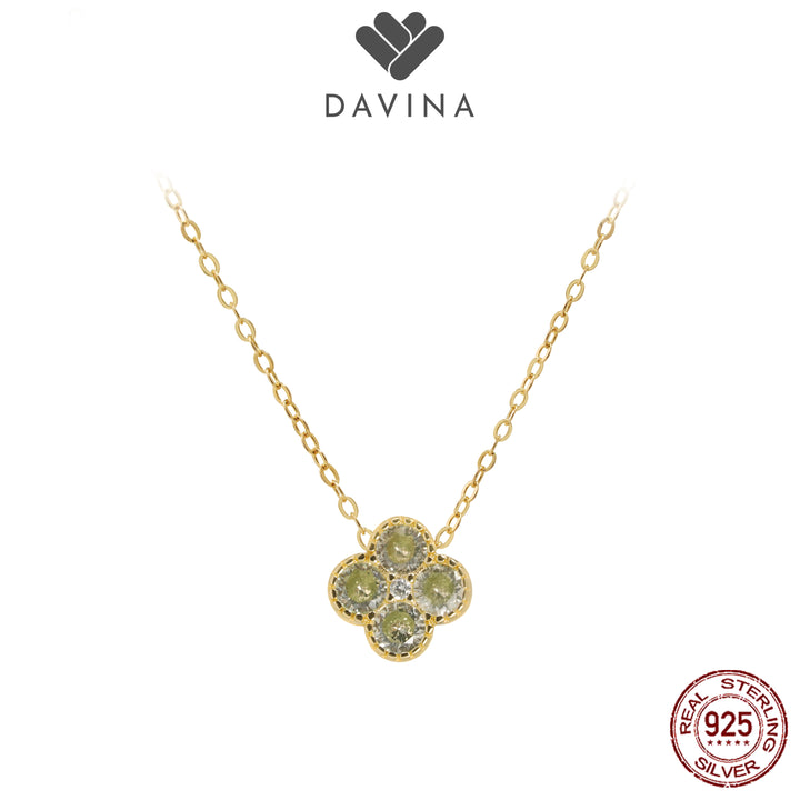 DAVINA Ladies Birthstone Necklace Gold Color Sterling Silver 925 - Kalung Clover Peridot Color