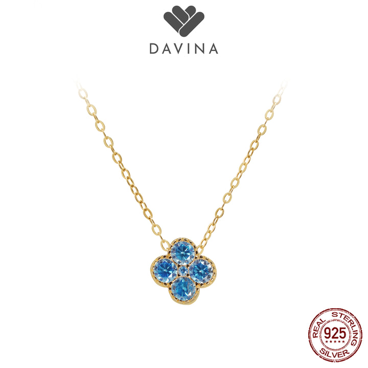 DAVINA Ladies Birthstone Necklace Gold Color Sterling Silver 925 - Kalung Clover Blue Topaz Color
