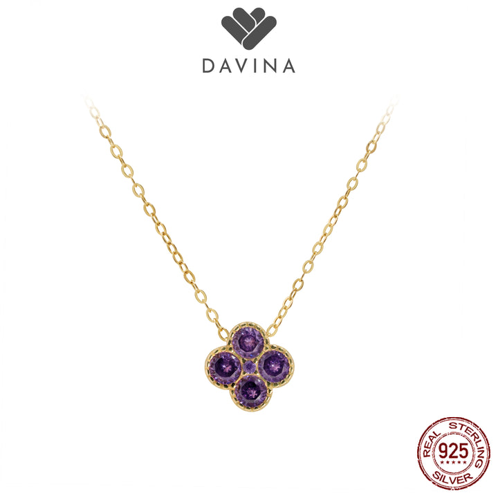 DAVINA Ladies Birthstone Necklace Gold Color Sterling Silver 925 - Kalung Clover Amethyst Color