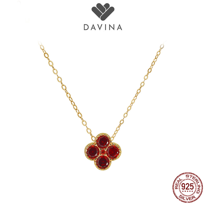 DAVINA Ladies Birthstone Necklace Gold Color Sterling Silver 925 - kalung Clover Garnet Color