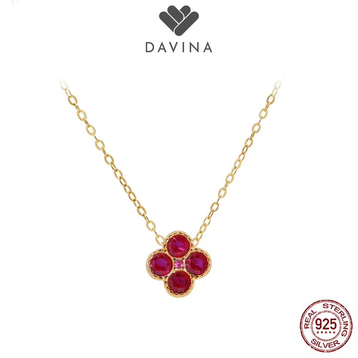 DAVINA Ladies Birthstone Necklace Gold Color Sterling Silver 925 - Kalung Clover Ruby Color