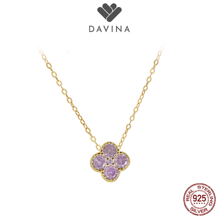 DAVINA Ladies Birthstone Necklace Gold Color Sterling Silver 925 - Kalung Clover Alexandrite Color