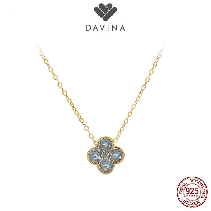 DAVINA Ladies Birthstone Necklace Gold Color Sterling Silver 925 - Kalung Clover Aquamarine Color