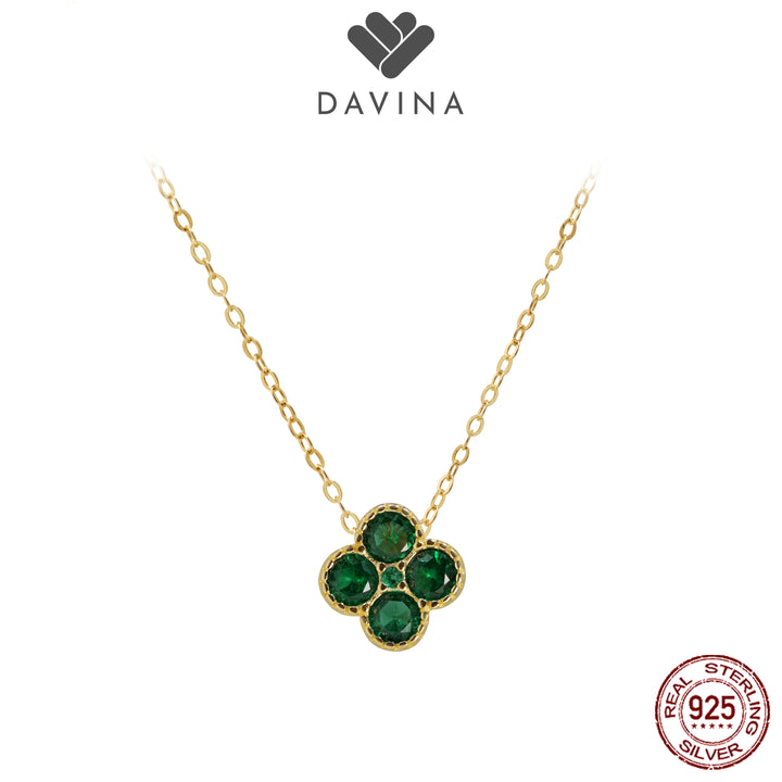 DAVINA Ladies Birthstone Necklace Gold Color Sterling Silver 925 - Kalung Clover Emerald Color