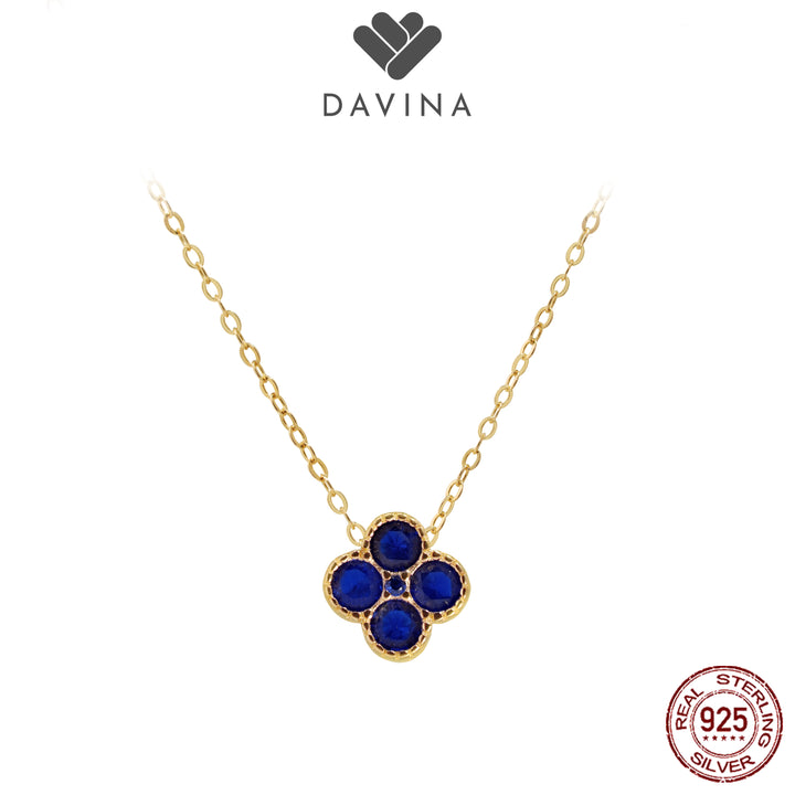 DAVINA Ladies Birthstone Necklace Gold Color Sterling Silver 925 - Kalung Clover Sapphire Color